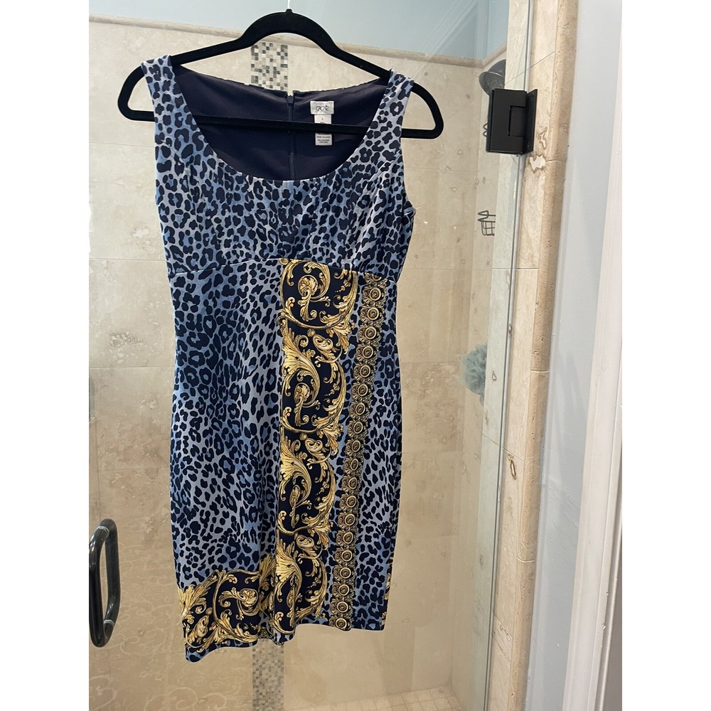 Cache Blue Leopard Print Gold Scroll Jersey Knit Bodycon Cocktail Dress 2 XS - Picture 5 of 11